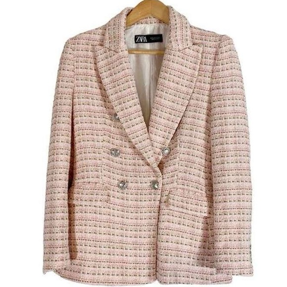 ZARA Tweed Blazer Size Medium Pink - Picture 1 of 10